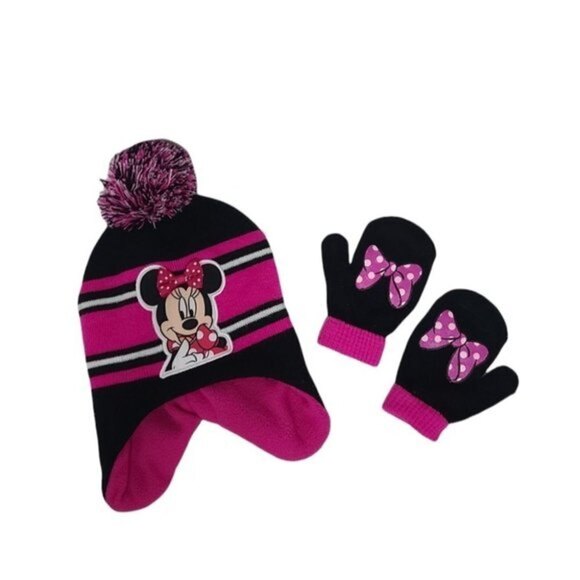 Disney Minnie Mouse Pom Pom Winter Beanie & Bow Mitten Toddler Girl Set - Picture 1 of 6